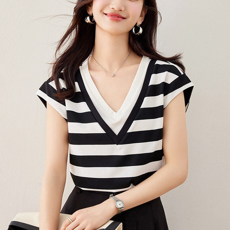 韓系假兩件V領拼色短袖T恤