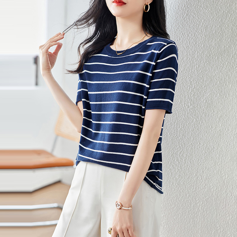 韓系休閒圓領條紋短袖T恤