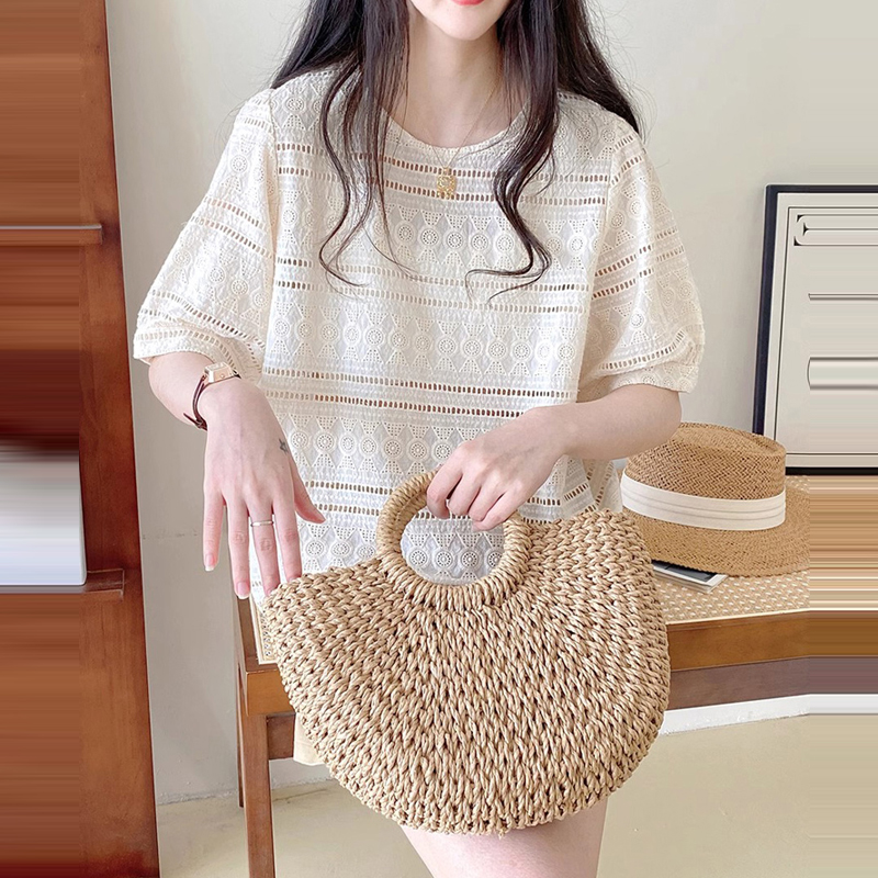 韓系小眾設計花朵鏤空短袖蕾絲小衫