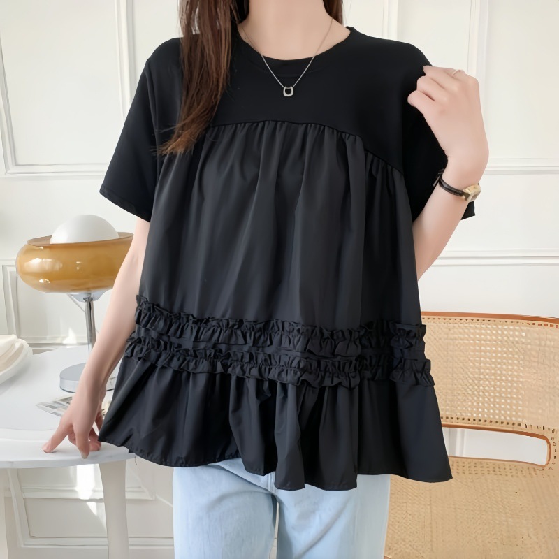 日系木耳邊撞色拼接短袖T恤(2色)