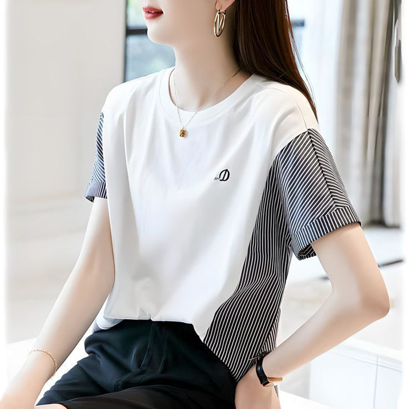 時尚圓領刺繡條紋短袖T恤