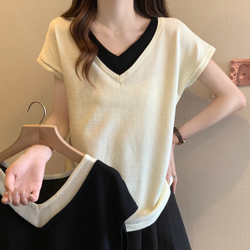 時尚假兩件V領針織短袖T恤(2色)