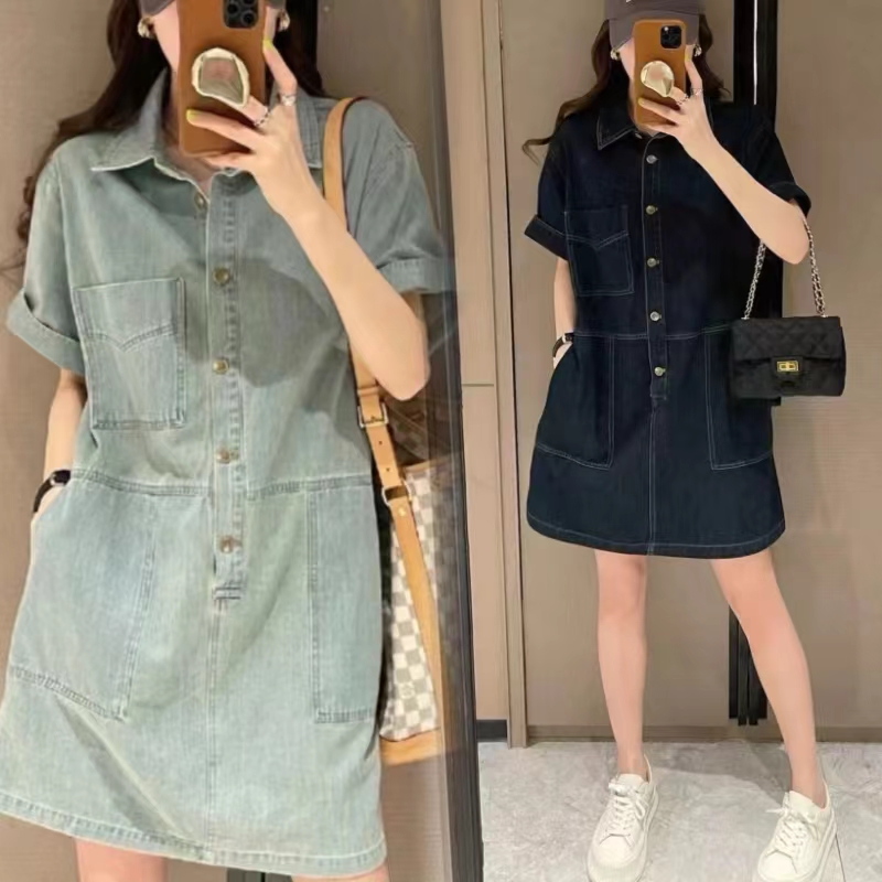 時尚翻領短袖港口味牛仔連身裙(2色)