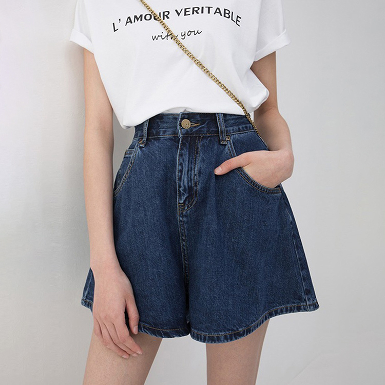 復古高腰A字型寬褲牛仔短褲