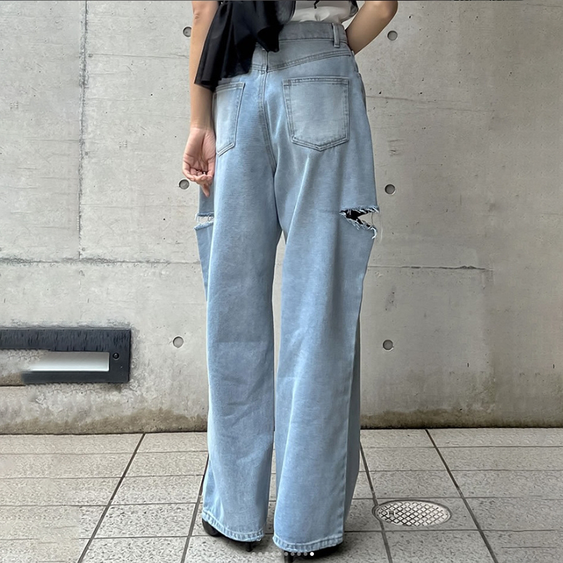 四季休閒破洞長版闊腿牛仔褲