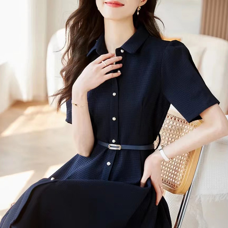 華夫格紋腰帶束腰襯衫連身裙