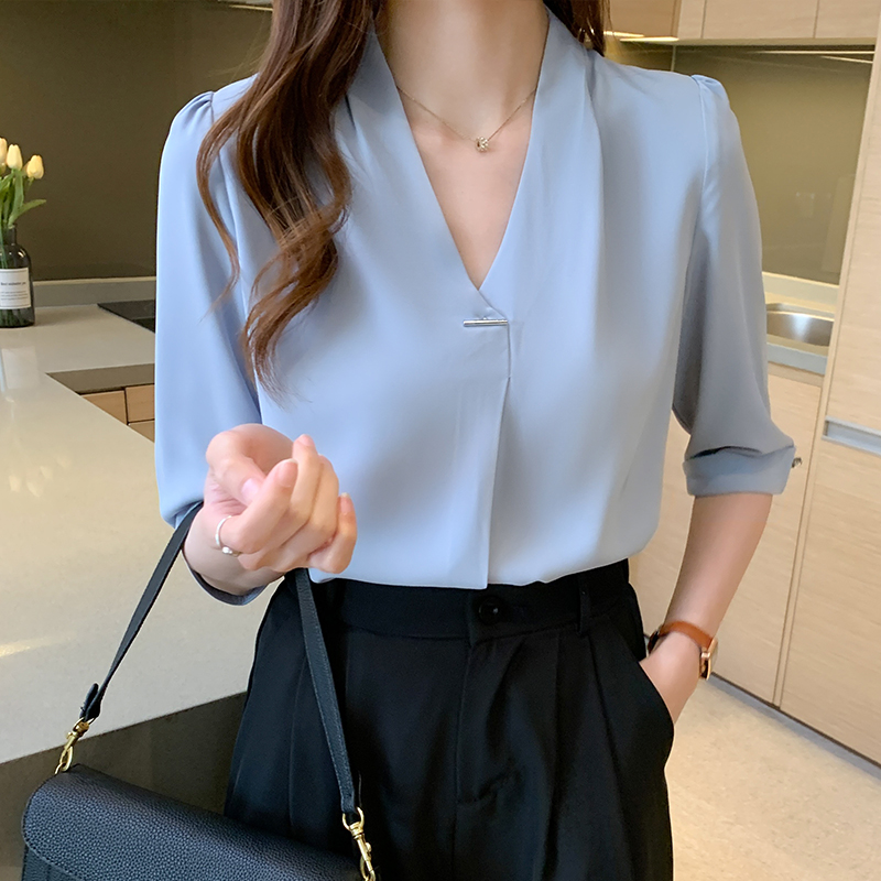 時尚優雅V領中袖職業襯衫