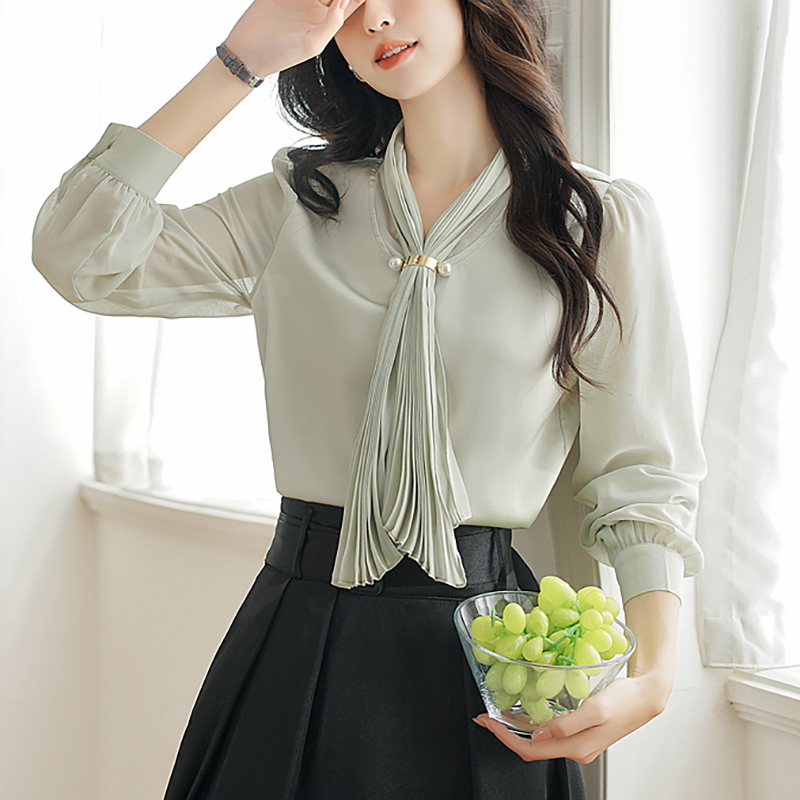 法式溫柔繫帶V領長袖襯衫