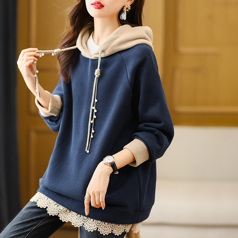 連帽拼色蕾絲下擺設計寬鬆衛衣