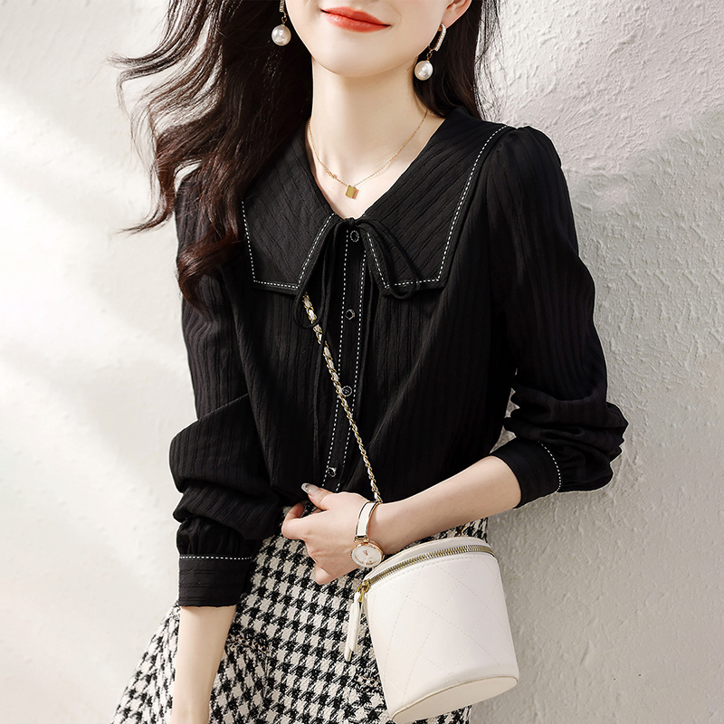 簡約撞色海軍領肌理感長袖襯衫(2色)