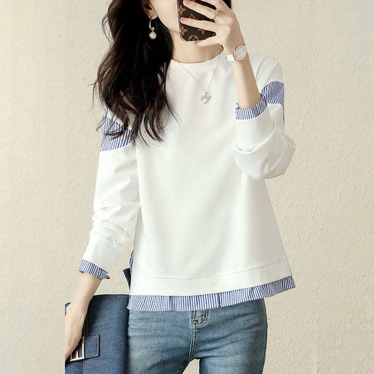 簡約拼接撞色假兩件條紋長袖T恤