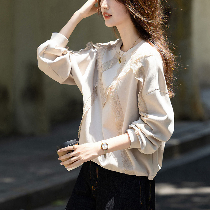 圓領蕾絲寬鬆彈性衛衣