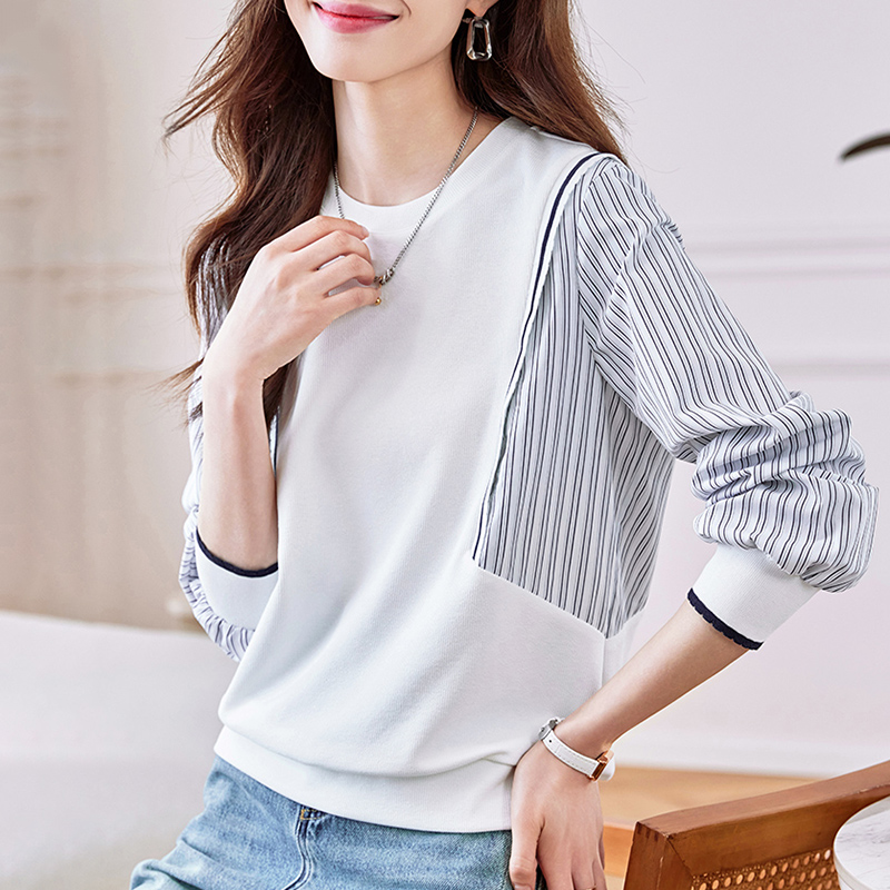 假兩件條紋拼接寬鬆長袖T恤