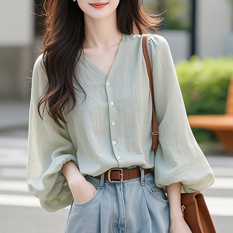 法式V領棉麻燈籠長袖襯衫