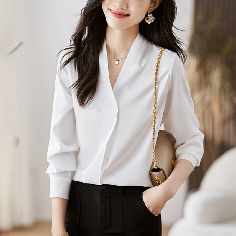 韓系百搭V領顯瘦長袖襯衫