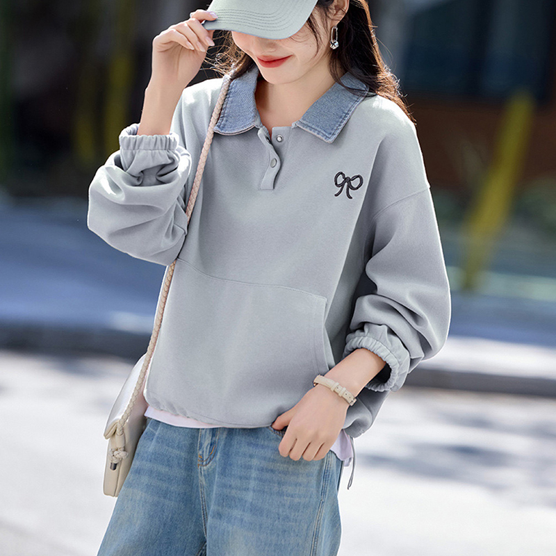 牛仔拼接假兩件刺繡寬鬆衛衣(2色)