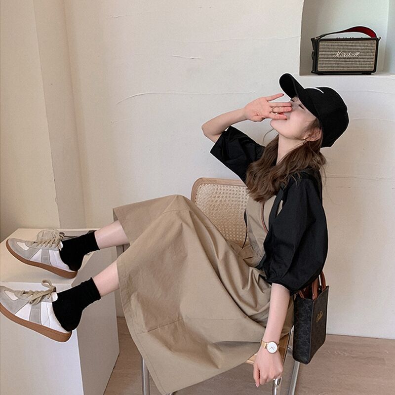 韓式純色泡泡袖上衣/顯瘦收腰背帶連身裙/套裝（2色）