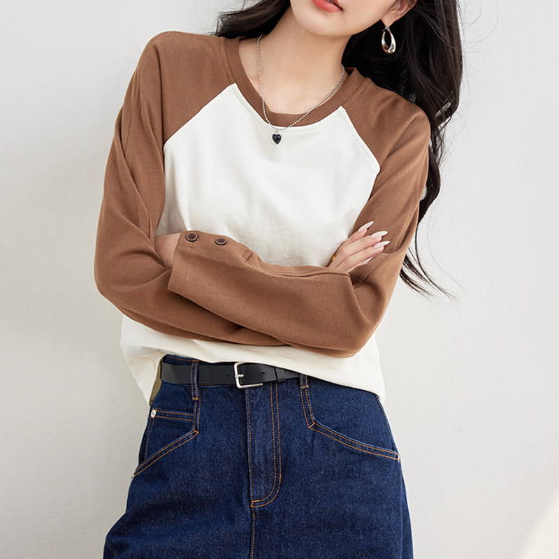 復古圓領撞色插肩長袖T恤