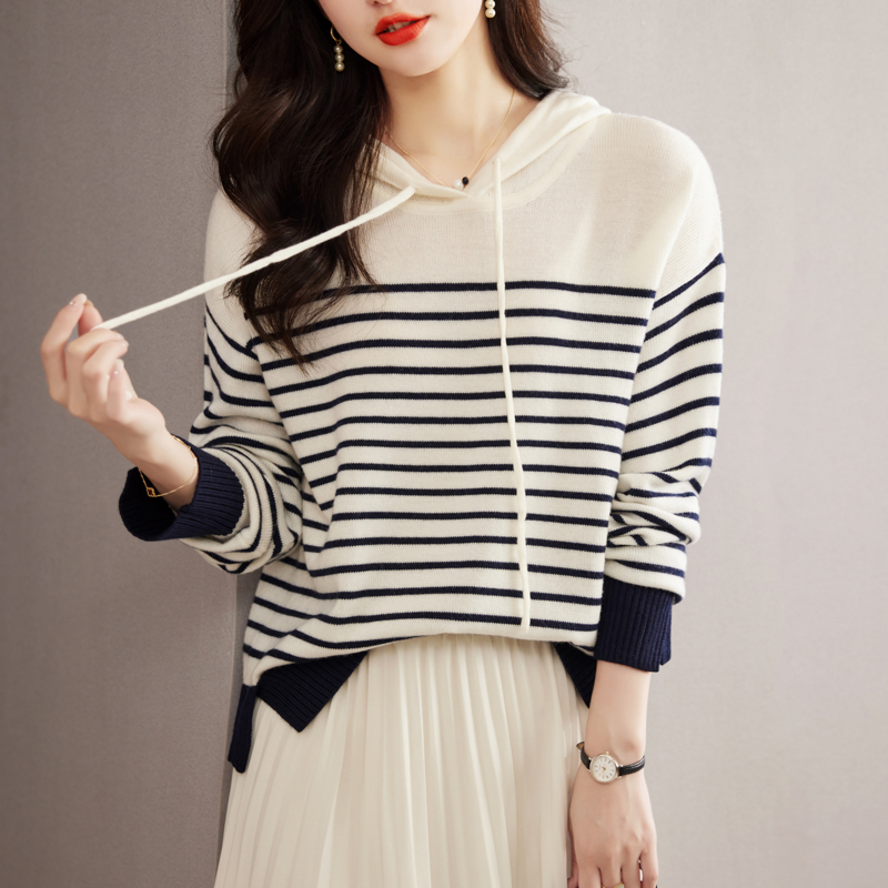 抽繩撞色條紋連帽針織衫(2色)