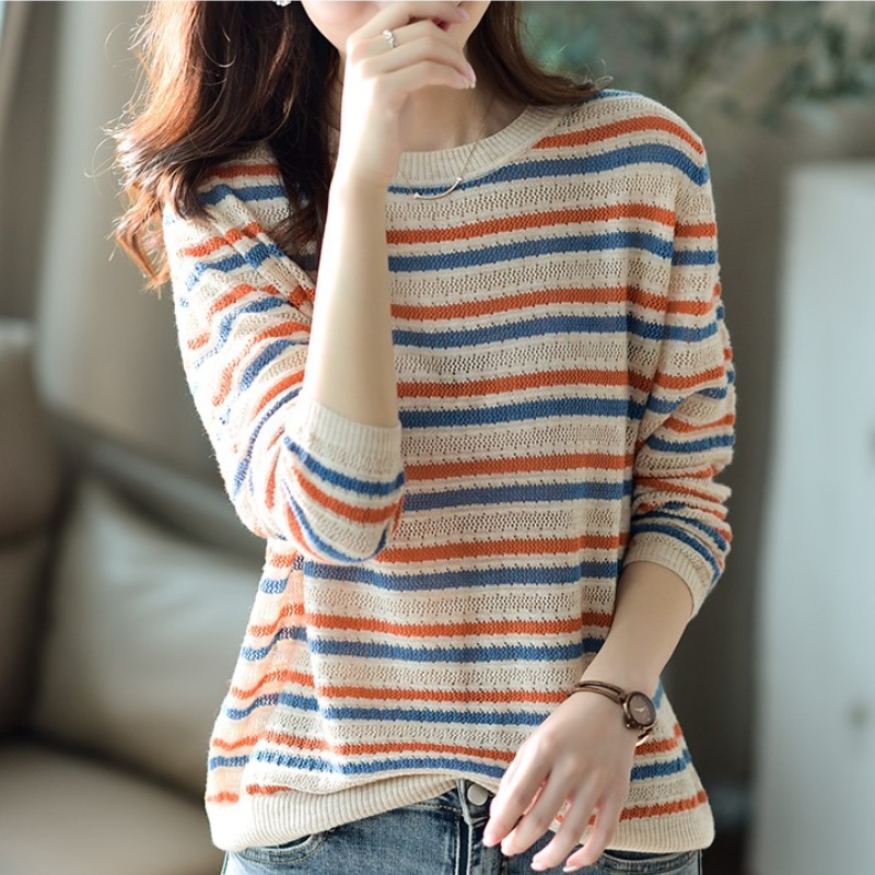 薄條條紋鏤空針織衫(2色)