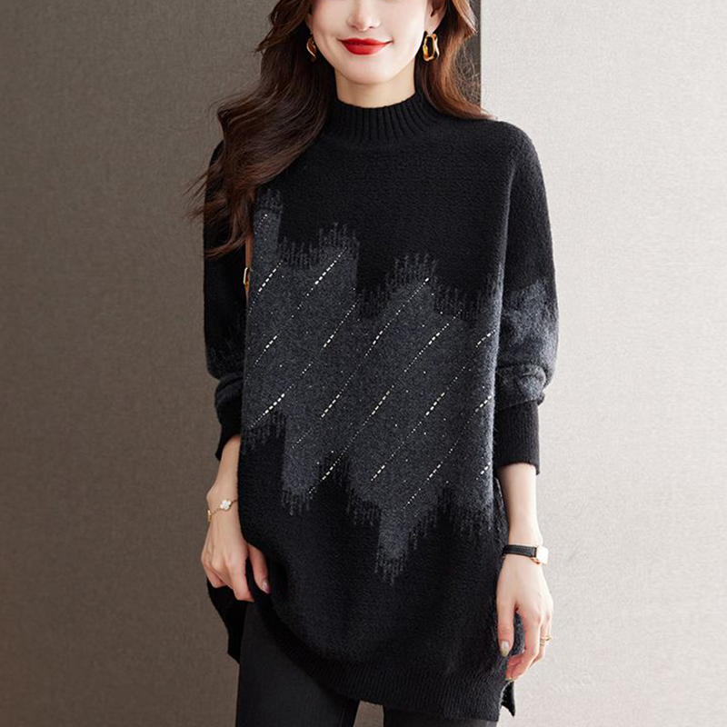 簡約半高領中長針織毛衣