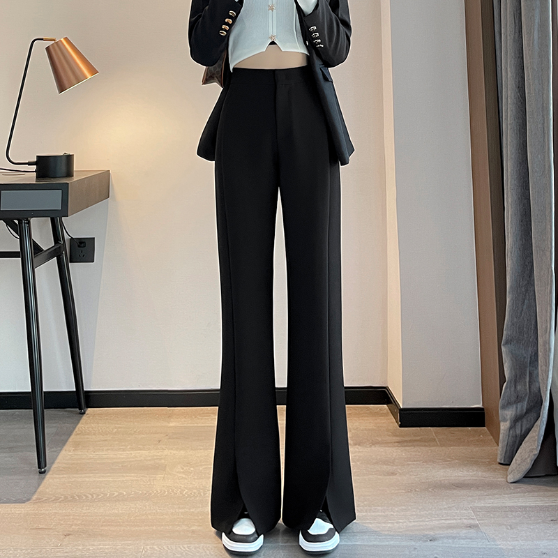 休閒高腰直筒微喇開叉西裝褲(2色)