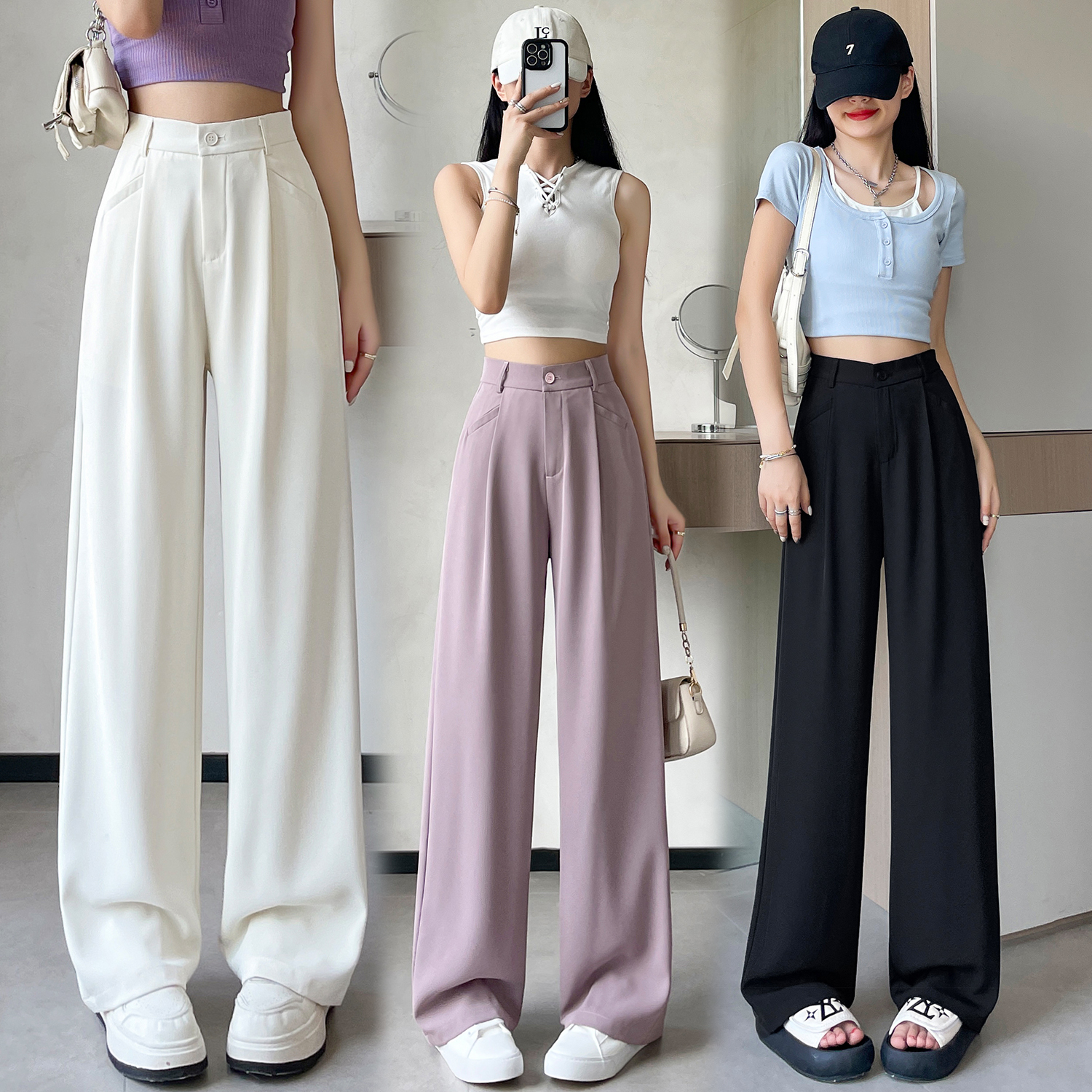 窄版高腰垂感寬鬆直筒休閒褲(3色)