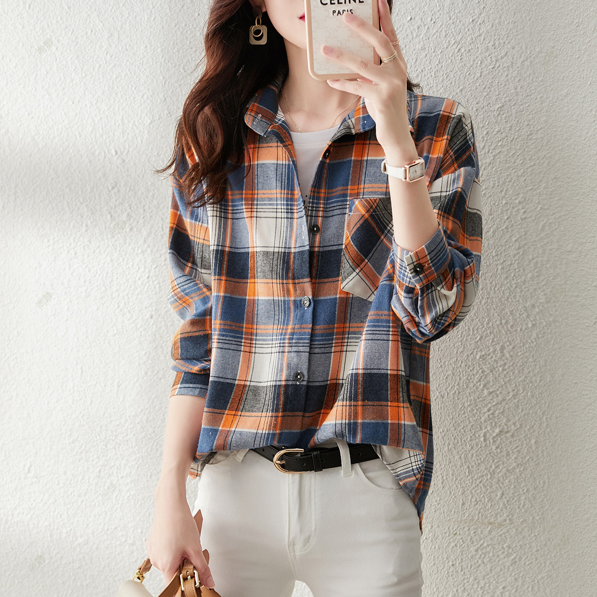 時尚通勤格紋設計休閒翻領襯衫