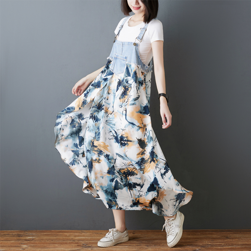 韓系荷葉邊牛仔拼接設計背帶款連身裙（8色）