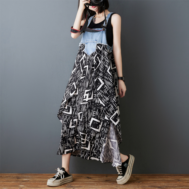 韓系荷葉邊牛仔拼接設計背帶款連身裙（8色）