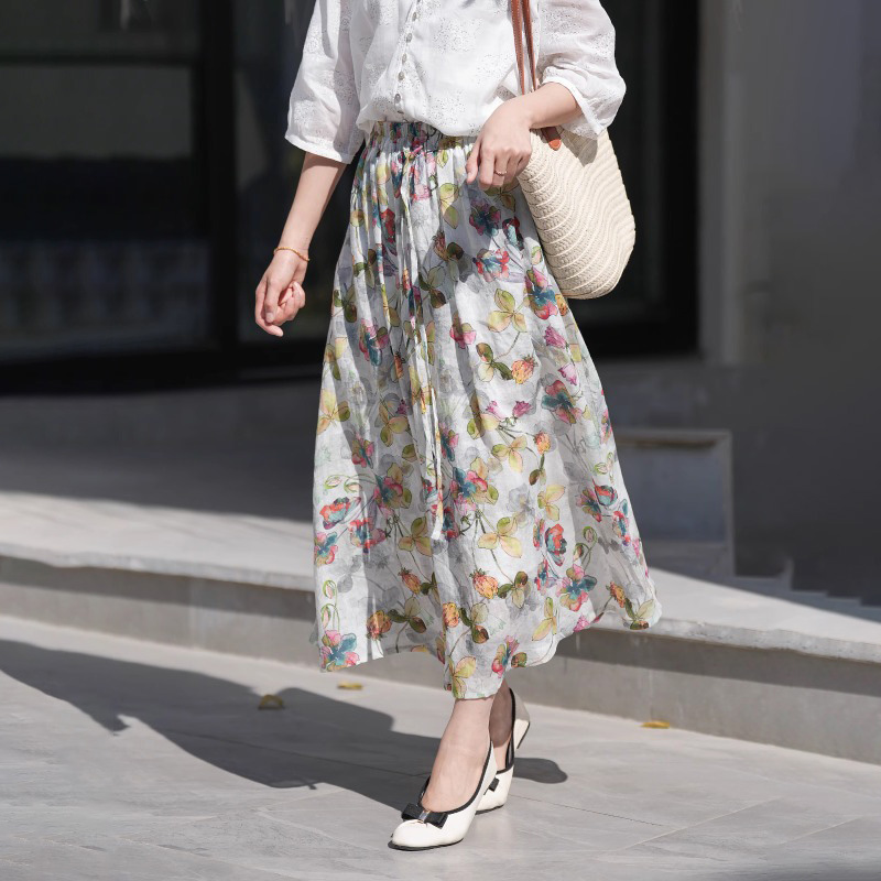 文藝復古棉麻碎花半身裙