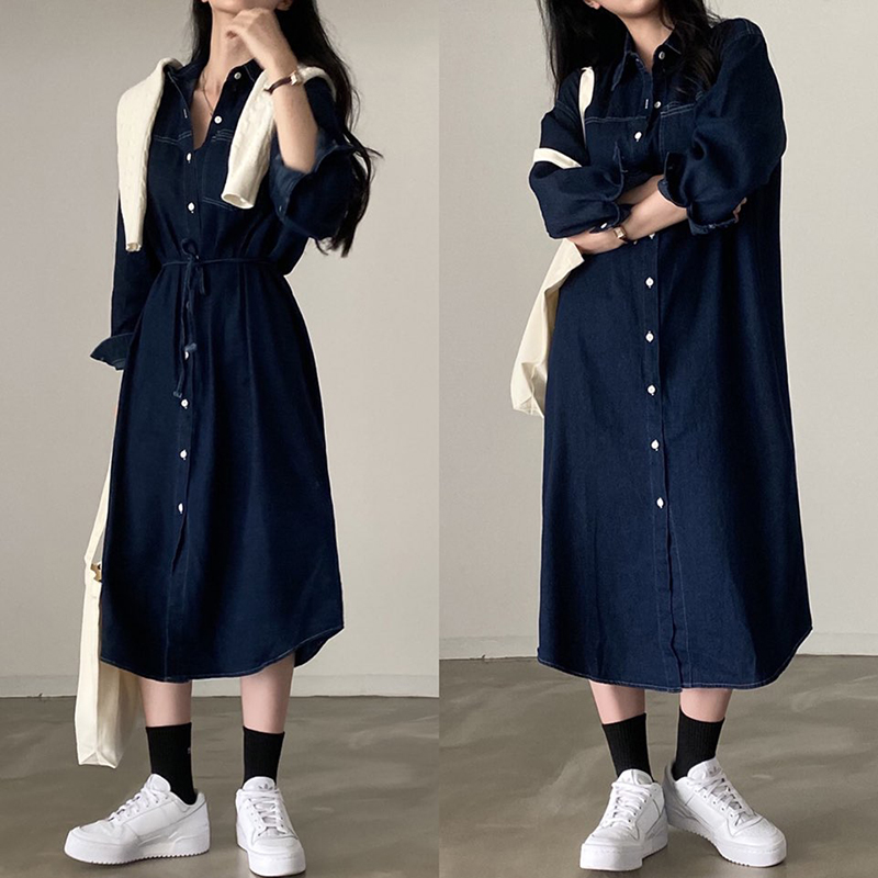 韓版復古翻領單排扣腰帶長袖A字牛仔連身裙(2色)