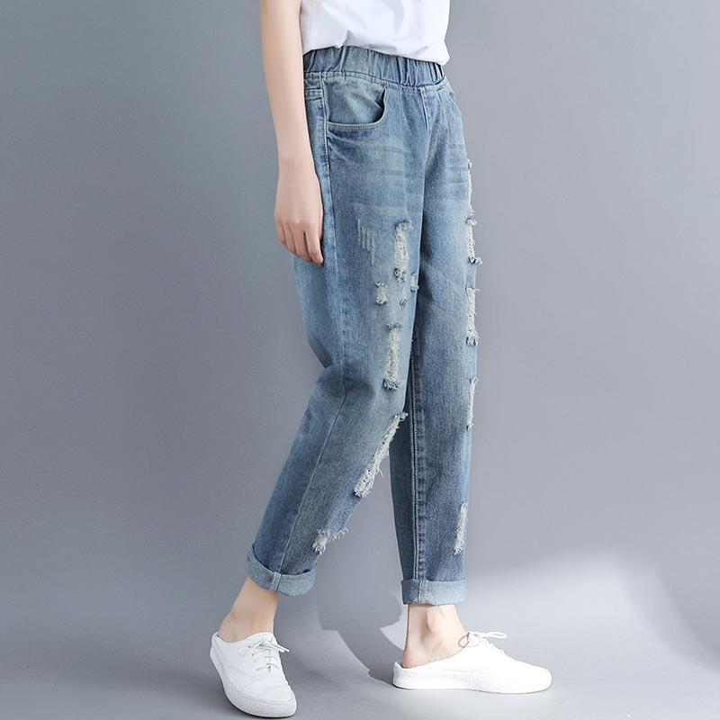 鬆緊腰直筒九分磨破洞牛仔褲