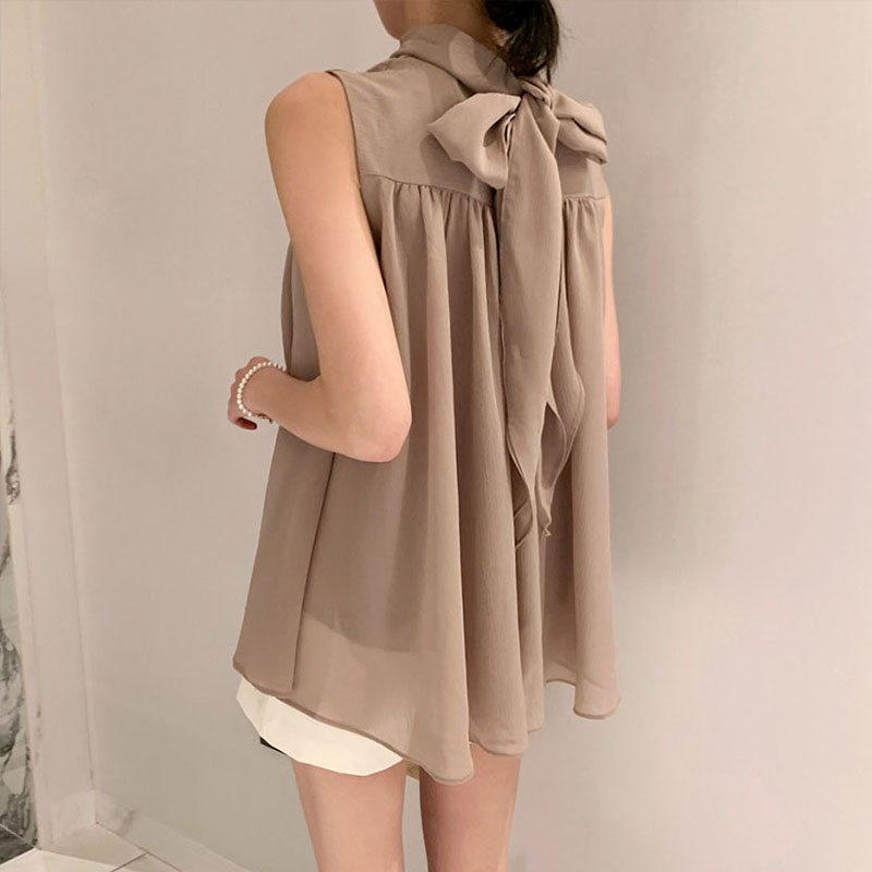 韓系優雅掛脖蝴蝶結無袖背心式襯衫(4色)