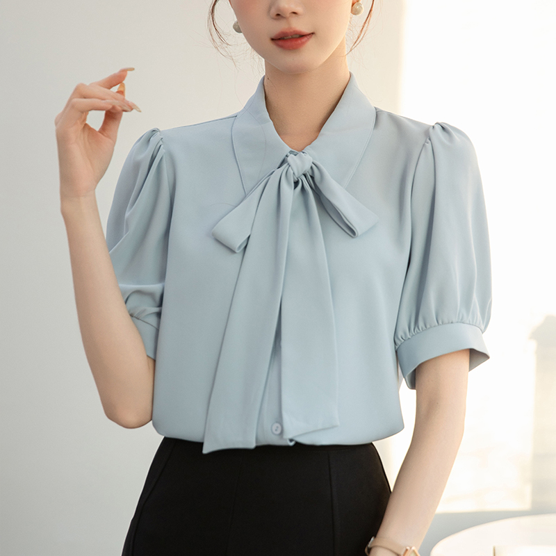 優雅蝴蝶結泡泡短袖襯衫(2色)