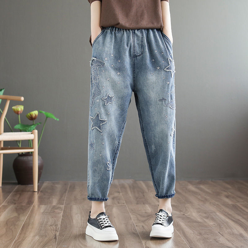 復古做舊刺綉休閒九分牛仔褲