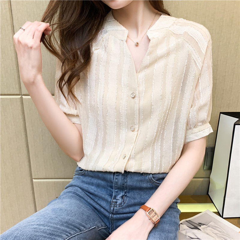 韓系肌理感V領短袖襯衫(2色)