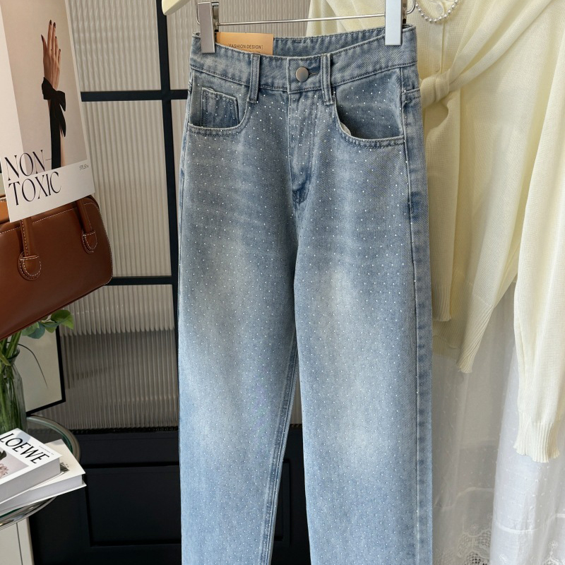重工燙鑽高腰直筒牛仔褲