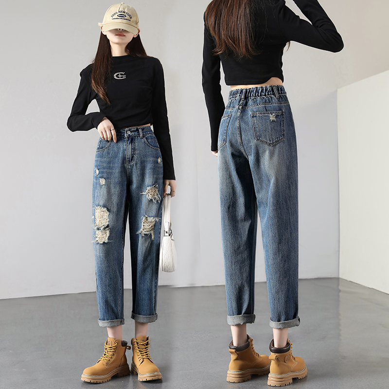 韓系漸層破洞九分牛仔褲