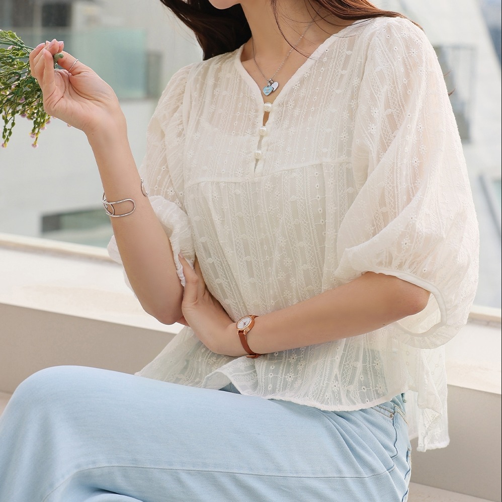 韓系V領燈籠袖寬鬆甜美襯衫+吊帶兩件套