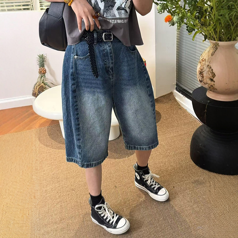 高腰休閒寬鬆五分寬腿牛仔短褲