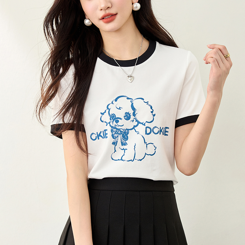 小狗印花撞色設計短袖T恤