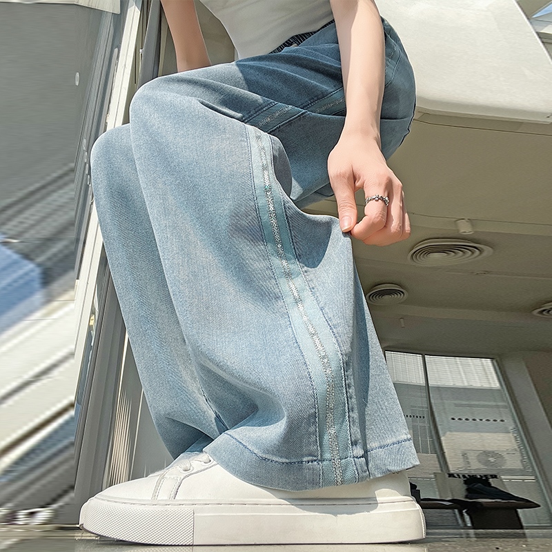 高腰垂感側邊亮片天絲窄版薄款牛仔褲