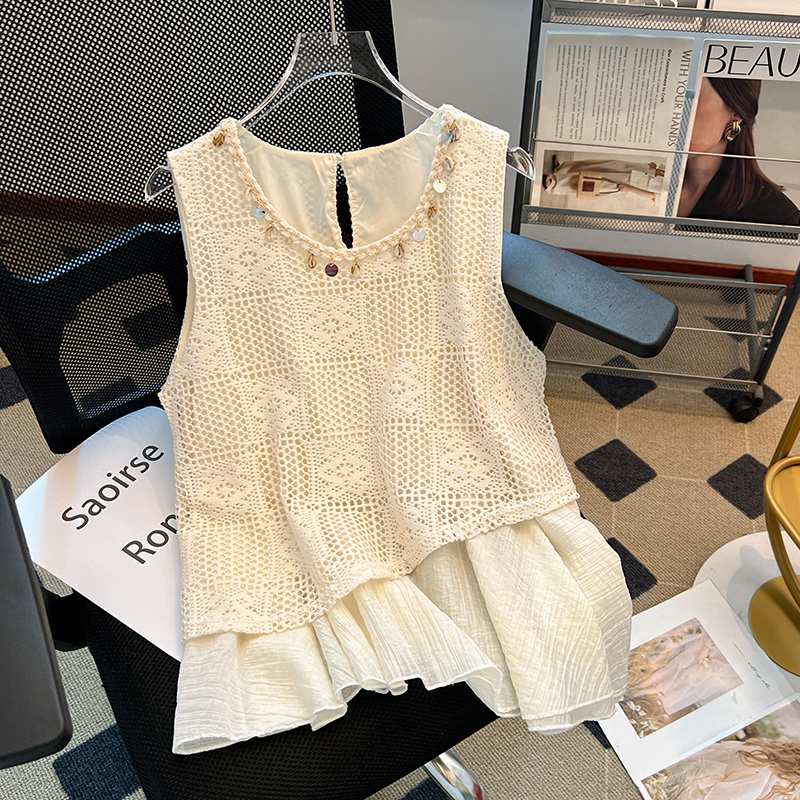 波西米亞風假兩件拼接鏤空短袖/無袖小衫