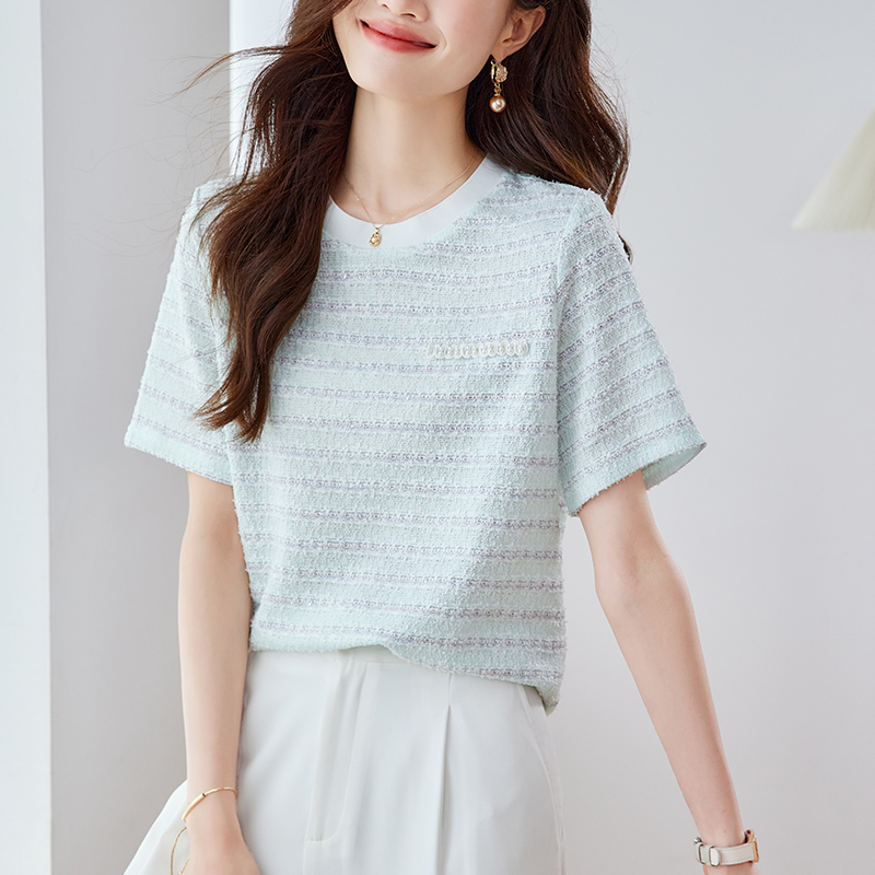 簡約圓領正肩小香風針織短袖T恤(2色)