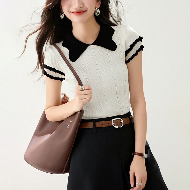 百搭薄款翻領亞麻短袖針織衫