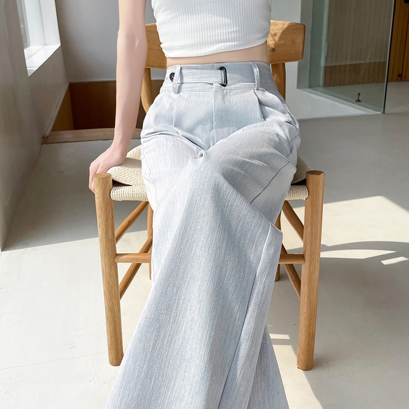 夏季新款高腰仿牛仔直筒拖地闊腿褲(4色)