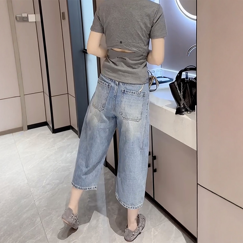 夏季新款高腰直筒闊腳八分牛仔褲