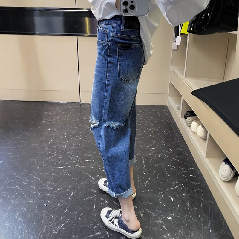 法式高腰九分破洞牛仔褲