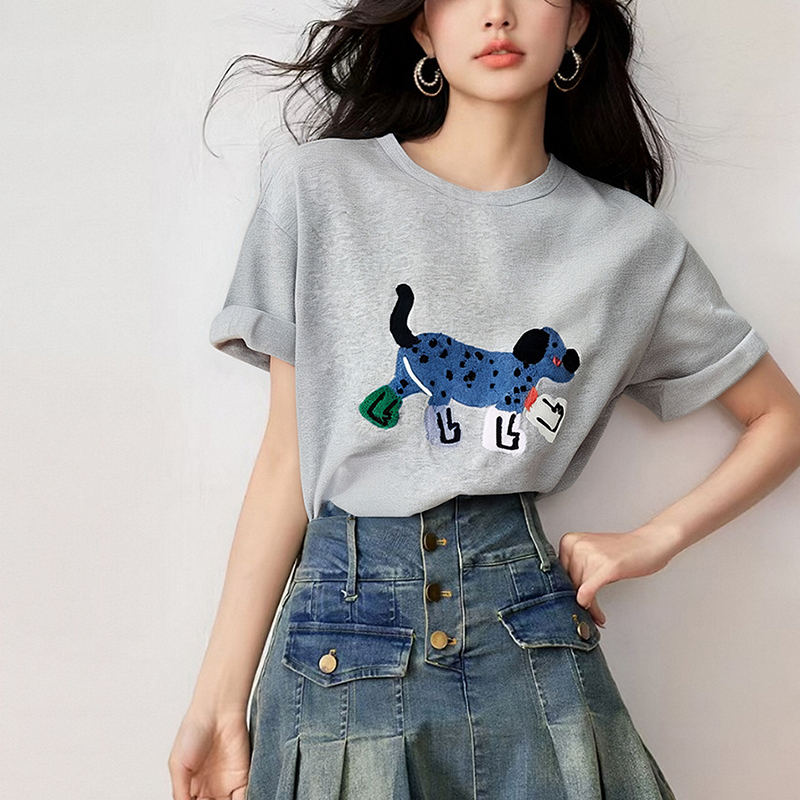 新款小狗印花寬鬆短袖T恤